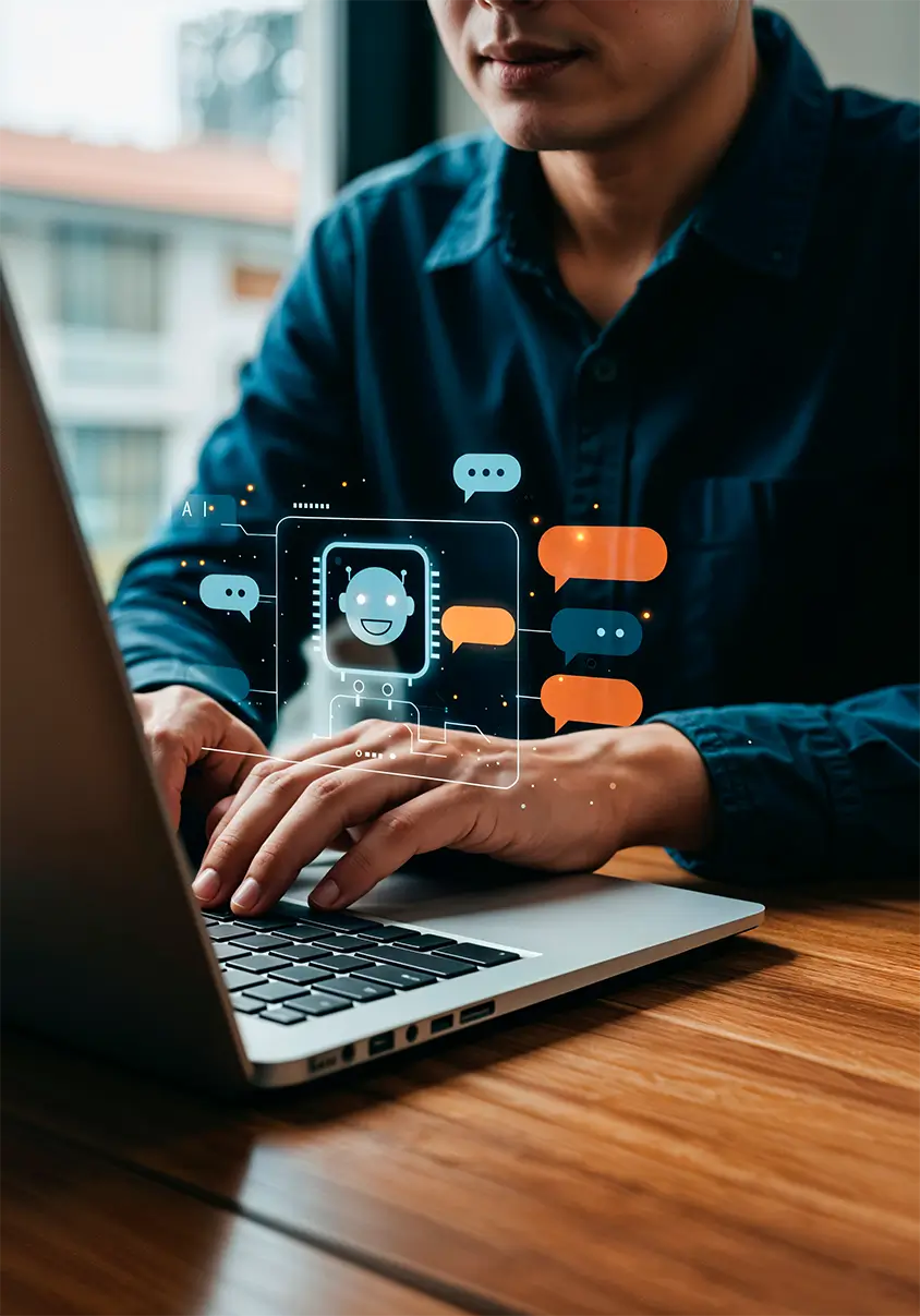 Man using laptop with chatbot interface