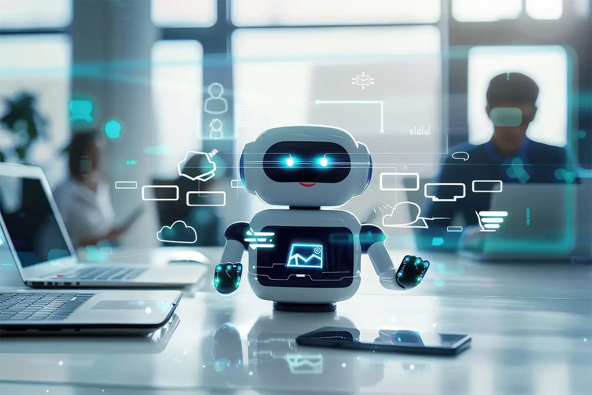 Robot standing in front of laptop